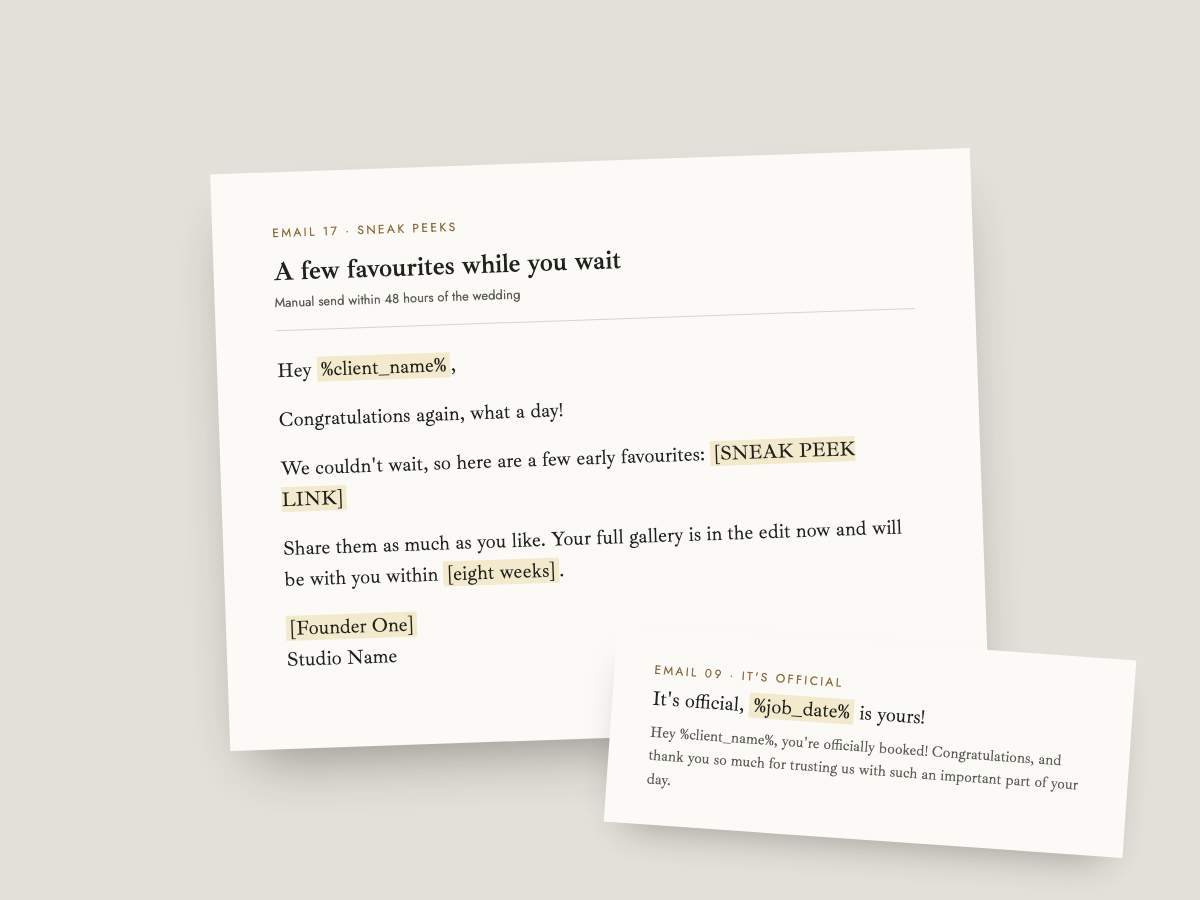 Two typeset client emails, date available and sneak peeks