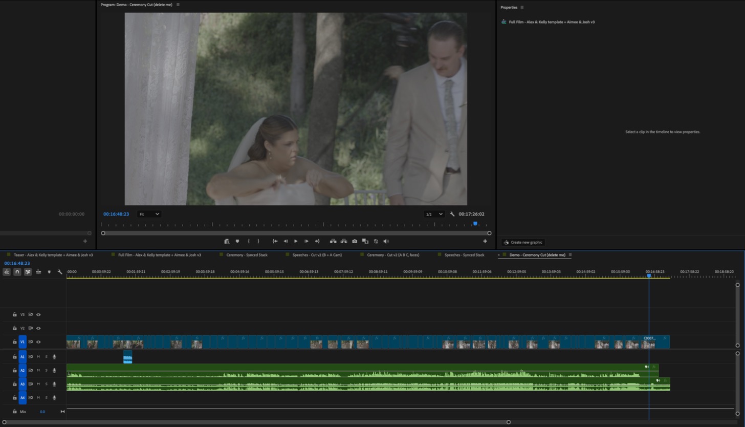 A finished ceremony rough cut on a Premiere Pro timeline